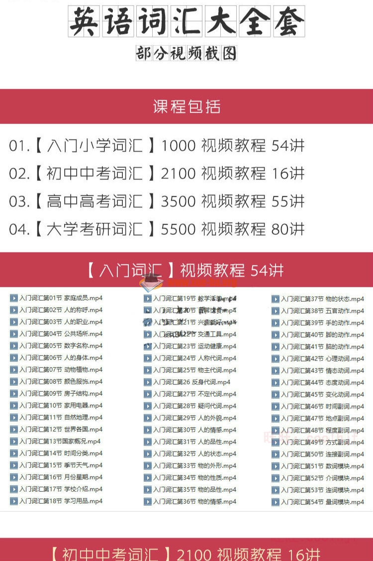 小学初中中考高中高考大学四六级考研英语词汇视频教程单词大全套插图爱书网–中小学课件学习