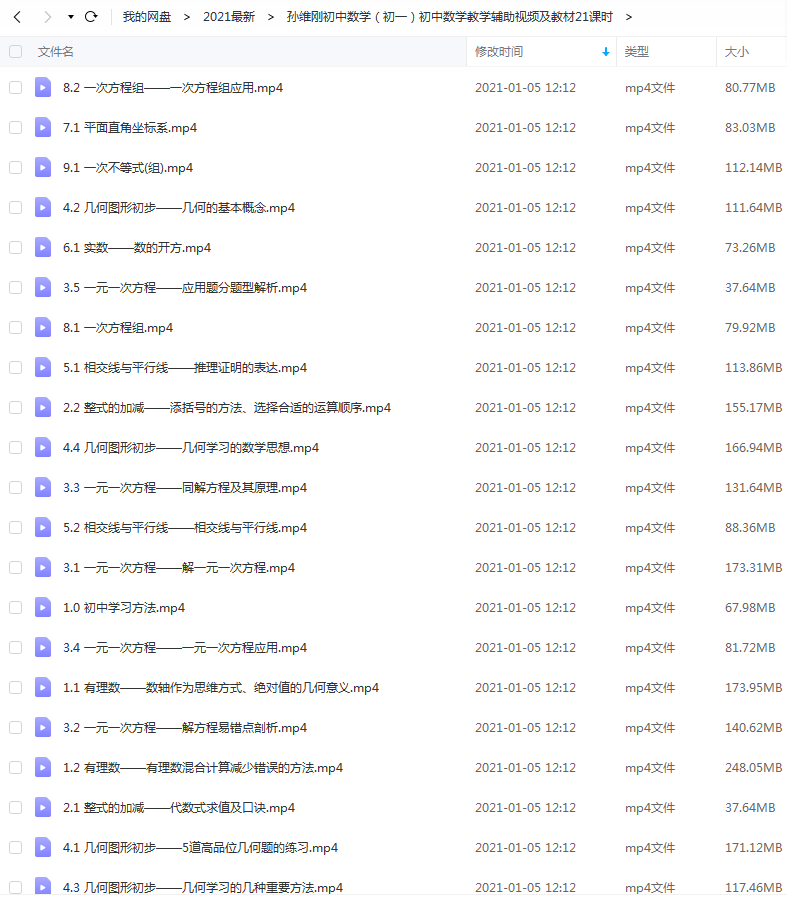 初中数学初一数学教学辅助视频及教材-百度云下载